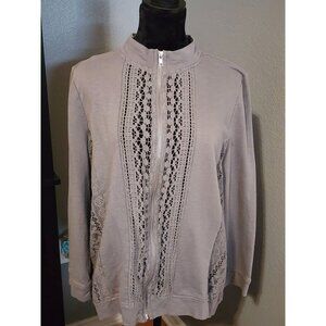 Coral Bay Gray Zip-Up Cardigan Jacket With Lace Detailing Women’s
